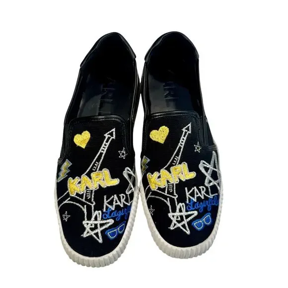 Karl Lagerfeld Paris Jazlyn Slip On Sneakers Size 8 Black Embroidered Graffiti - Picture 3 of 16